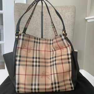 BURBERRY black Leather Haymarket Check Coated Canvas Canterbury Tote Bag.